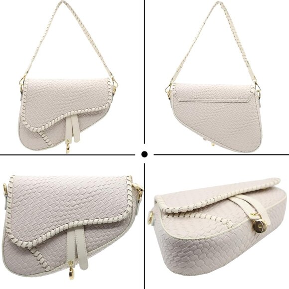 Women's White Saddle Shoulder Bag Clutch Purse Small Crocodile Leather Bag - Picture 3 of 5